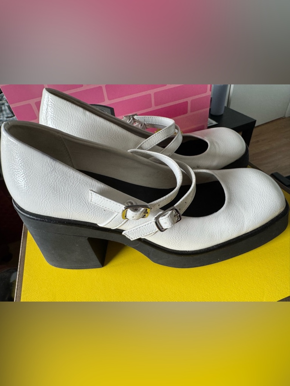 Call It Spring patent White Double-Strap Mary Jane Heels like new